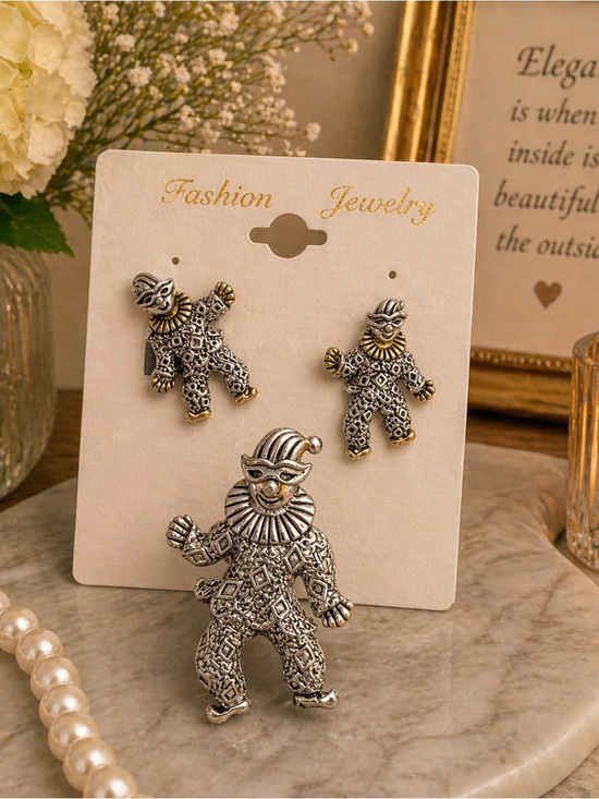 MJ Jewelry - Vintage-Inspired Harlequin Clown Brooch & Earring Set - Silver & Gold Tones
